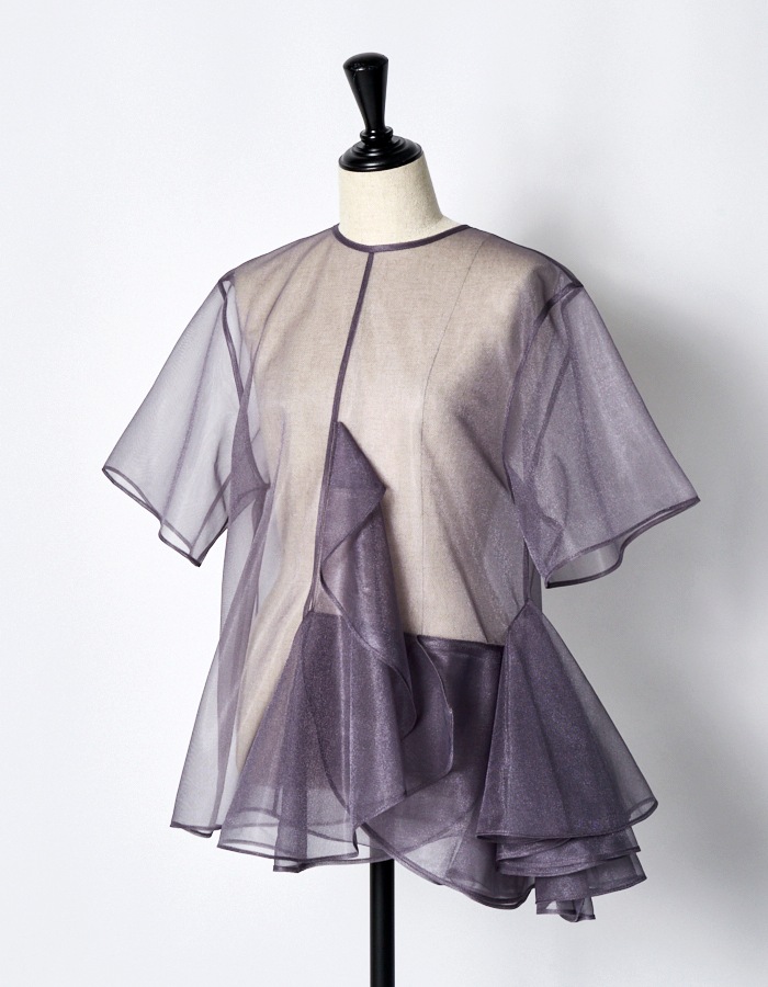 Moon Ruffle Sheer Tops / gray