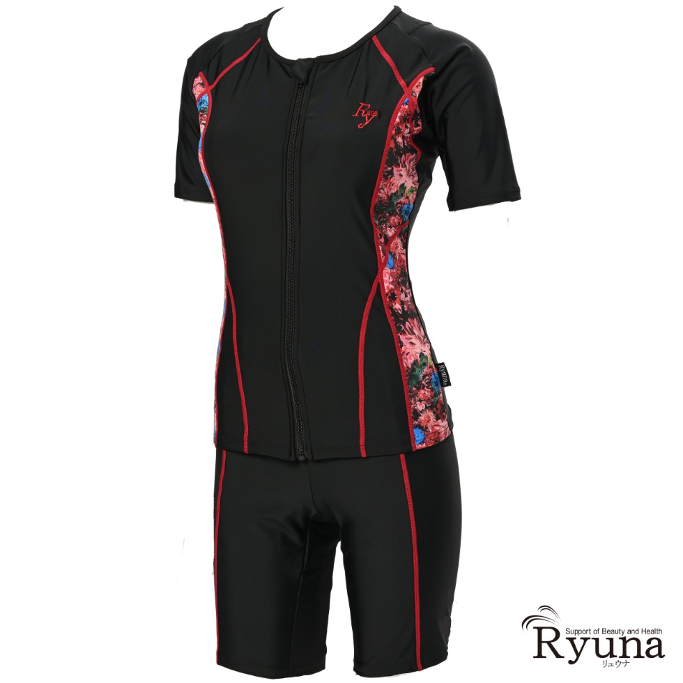 【SALE】【65%OFF】サイド花柄ボトム無地半袖水着大寸