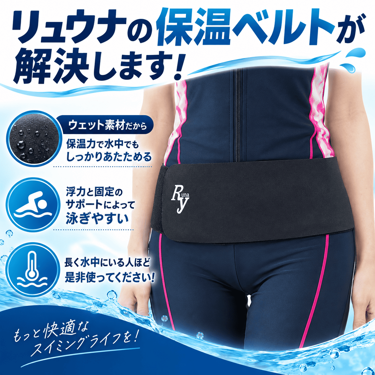 受注生産 水中 腰 ベルト 保温 日本製 細 縦10?幅 プール 腰痛 ヘルニア 骨盤 水泳 水中ウォーキング リハビリ ウェットスーツ 職人 リュウナ Ryuna W-01