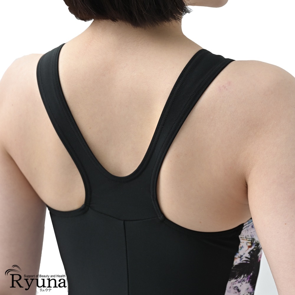 【SALE】【50%OFF】フィットネス水着 ジム用水着 レディース 30代 40代 オールインワン ノースリーブ 9M 11L 13L ブラックリーフ柄 50代 60代 体型カバー ママ プール 大きい NP2403L