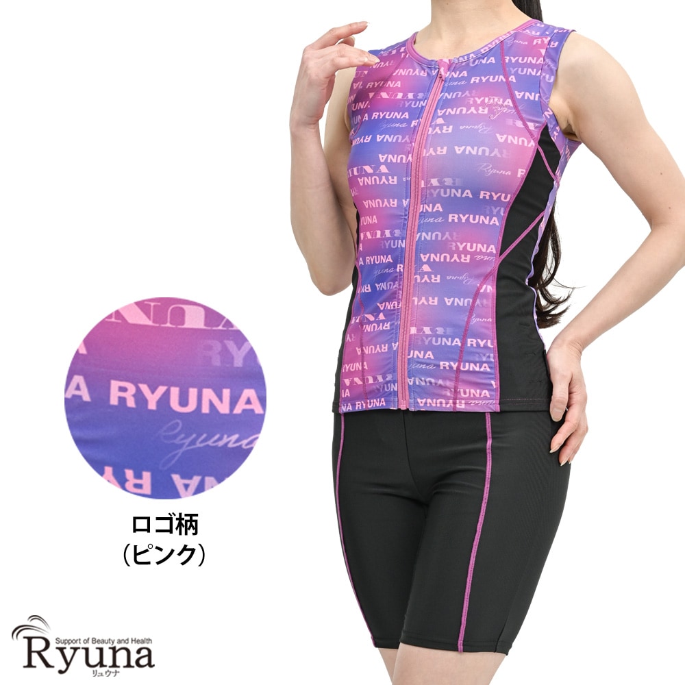 婦人 レディース 水着 ジム用水着 フィットネス水着 ノースリーブ セパレート フルジップ ファスナー 体型カバー 柄 ロゴ 9M 11L 13L 15LL 17LL 19LL 21LL 23LL 40代 50代 60代 70代 大きいサイズ NB2502M NB2502R