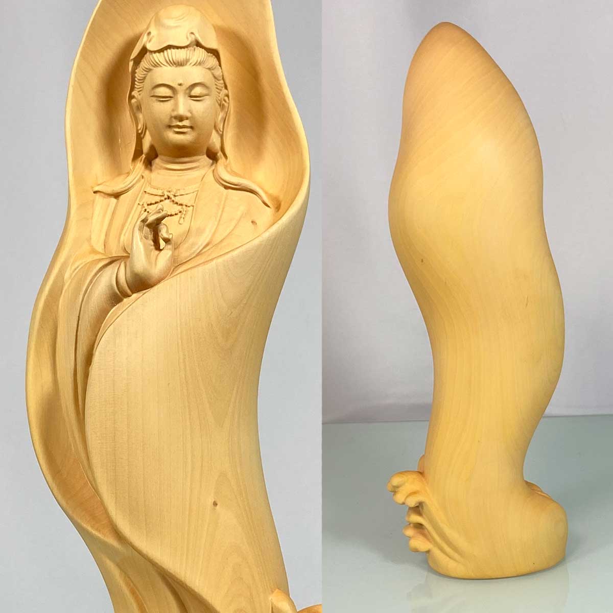 柘植製 現代アート観音菩薩像｜木彫り仏像 高さ29.5cm 葉に包