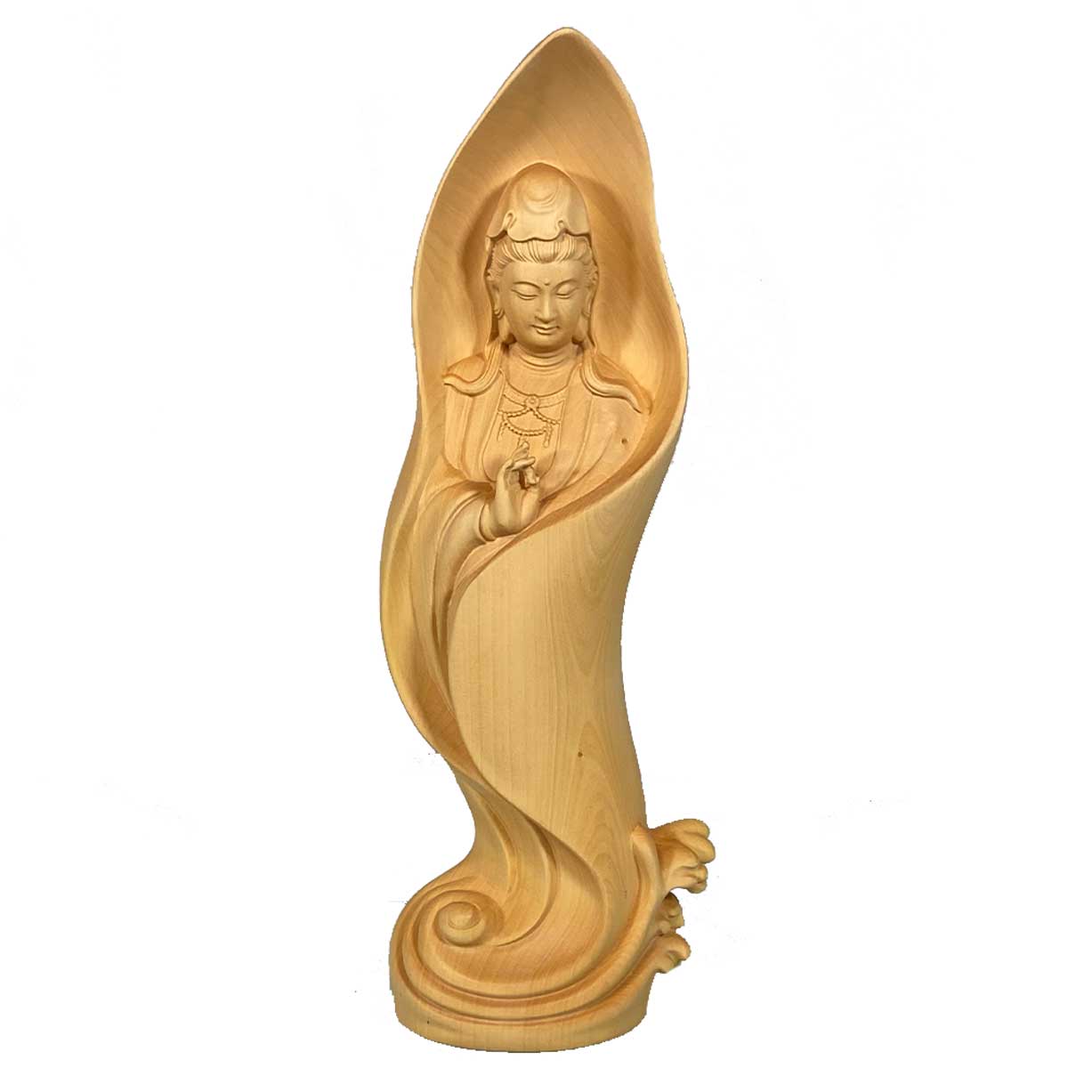 柘植製 現代アート観音菩薩像｜木彫り仏像 高さ29.5cm 葉に包