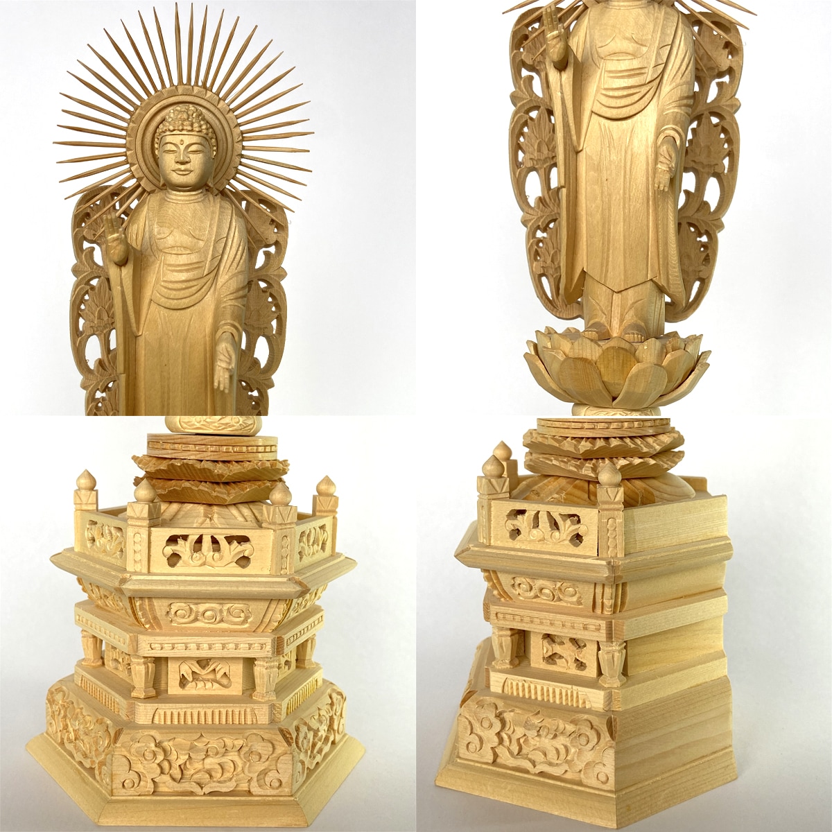 浄土真宗西 阿弥陀如来像 3.5寸｜桧木製・六角台座・放射光背付き本尊