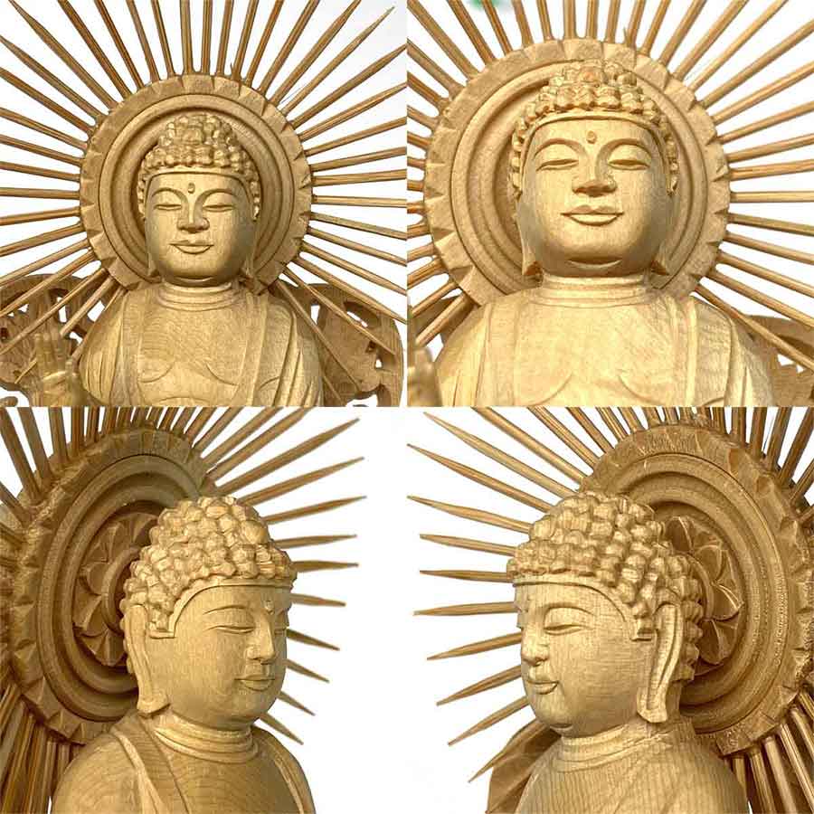 浄土真宗西 阿弥陀如来像 3.5寸｜桧木製・六角台座・放射光背付き本尊