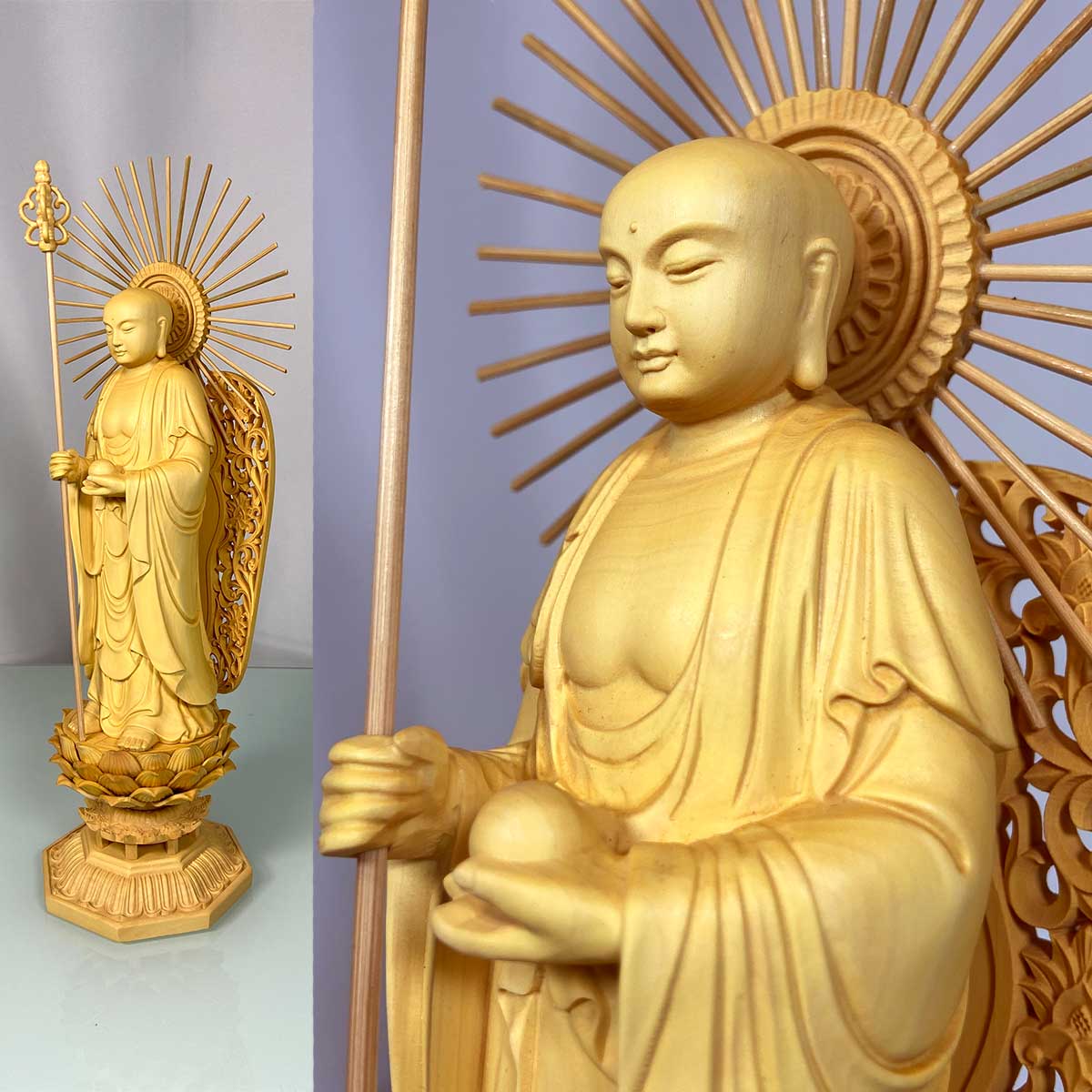 地蔵菩薩 29cm お地蔵様 お地蔵さん 仏像 放射光背 円光 光条 木彫り