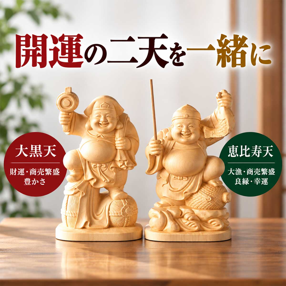 大黒天・恵比寿天 木彫り像｜商売繁盛・金運招来の七福神・神棚用