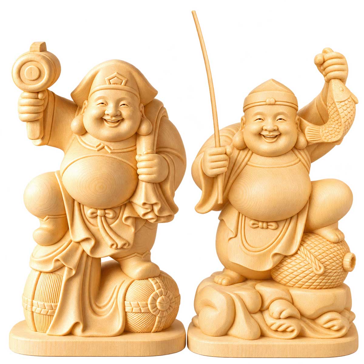 大黒天・恵比寿天 木彫り像｜商売繁盛・金運招来の七福神・神棚用