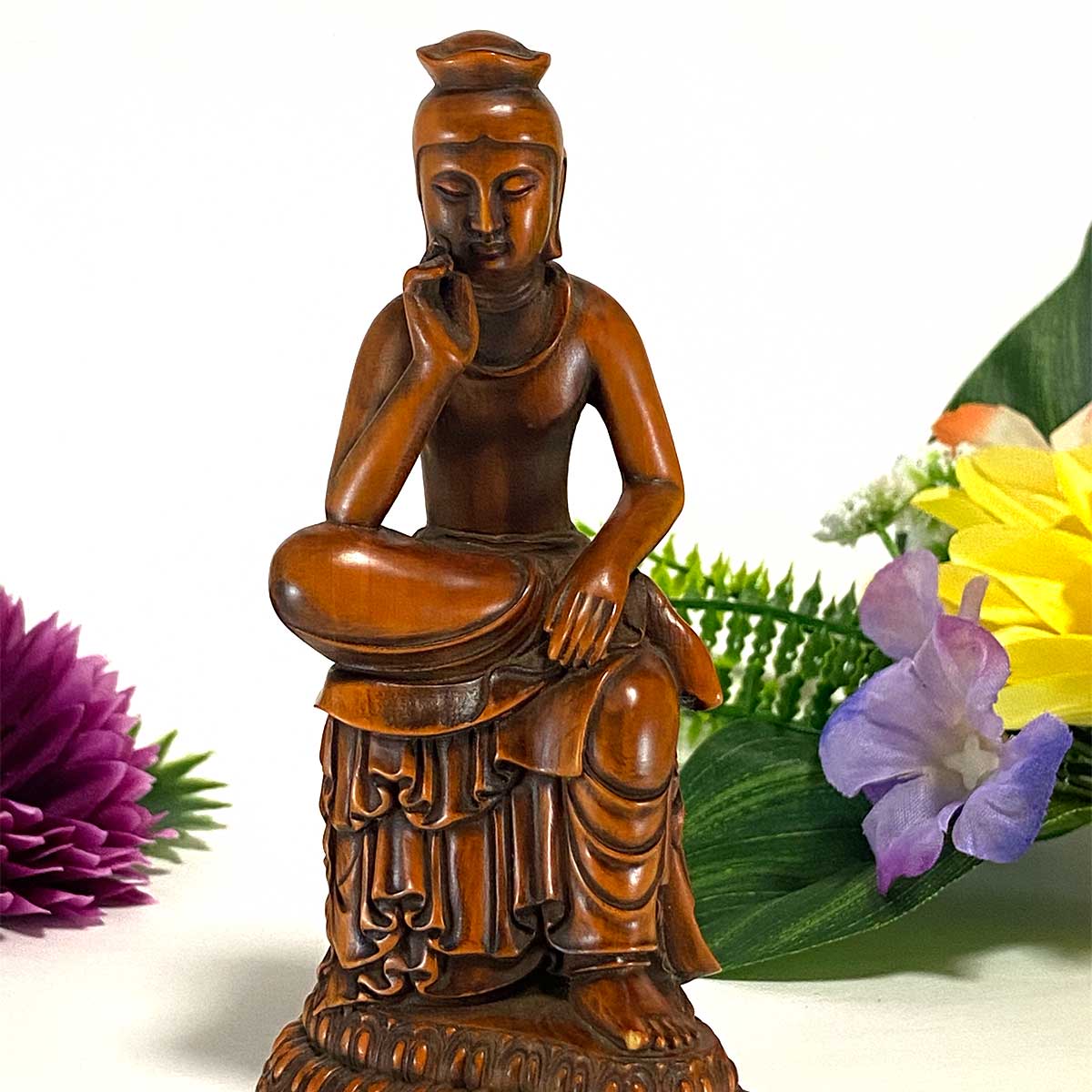弥勒菩薩 木彫仏像 12.5cm｜桧木・黄楊製｜未来仏・慈悲の象徴