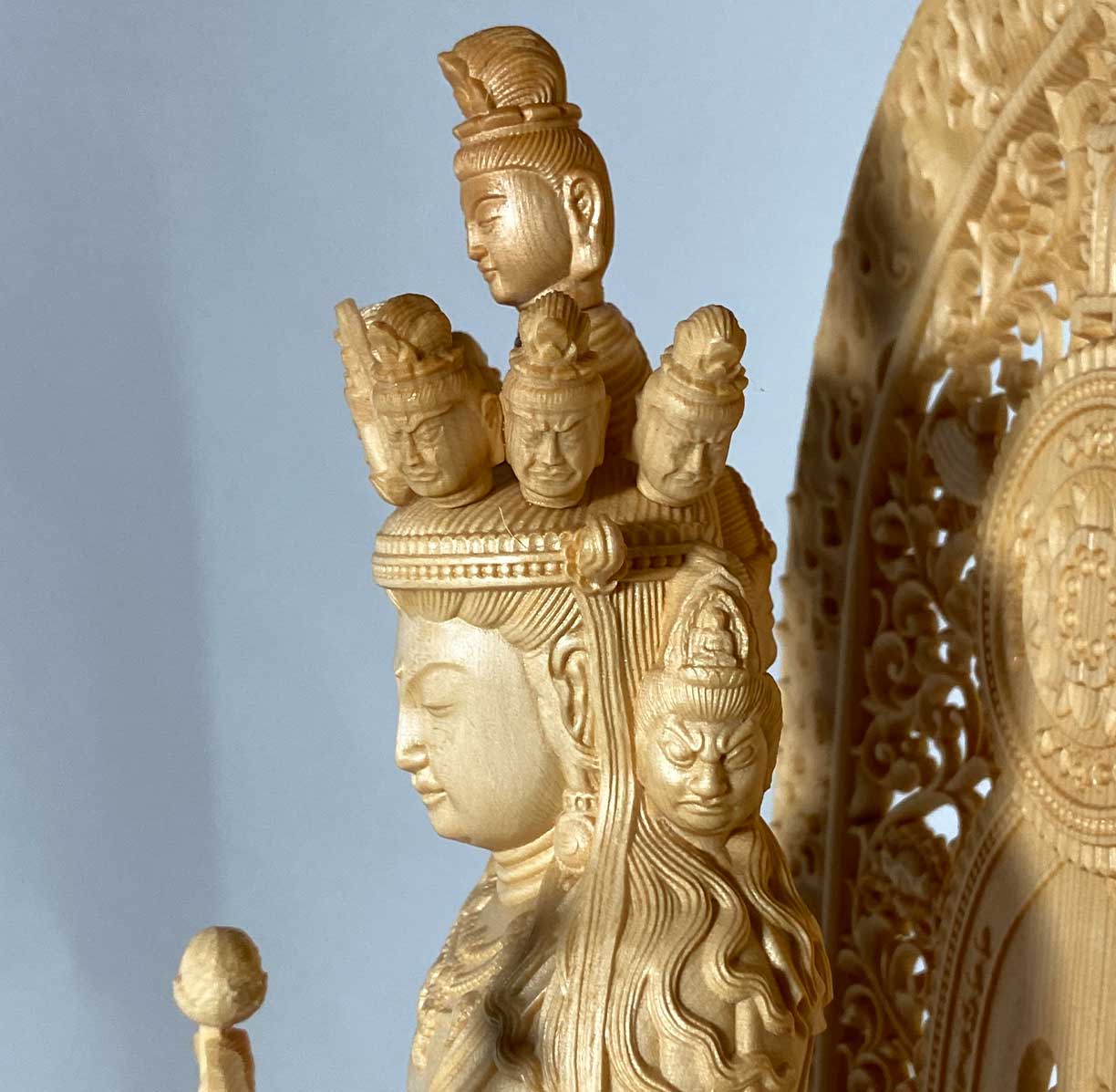 十一面観音菩薩 木彫仏像 桧木製 透かし彫り光背 43cm｜立像 仏壇用 十