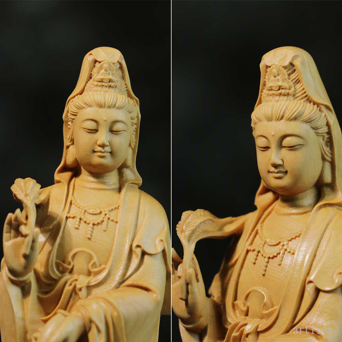 龍頭観音 木彫り仏像 30cm｜観世音菩薩・観自在菩薩｜龍と共に慈悲を