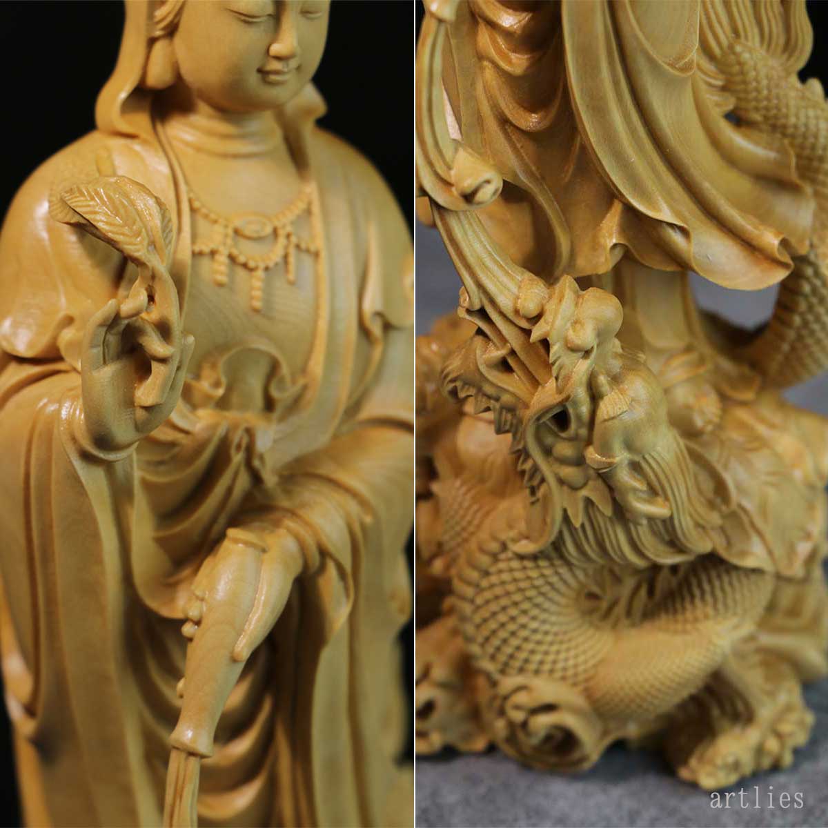 龍頭観音 木彫り仏像 30cm｜観世音菩薩・観自在菩薩｜龍と共に慈悲を