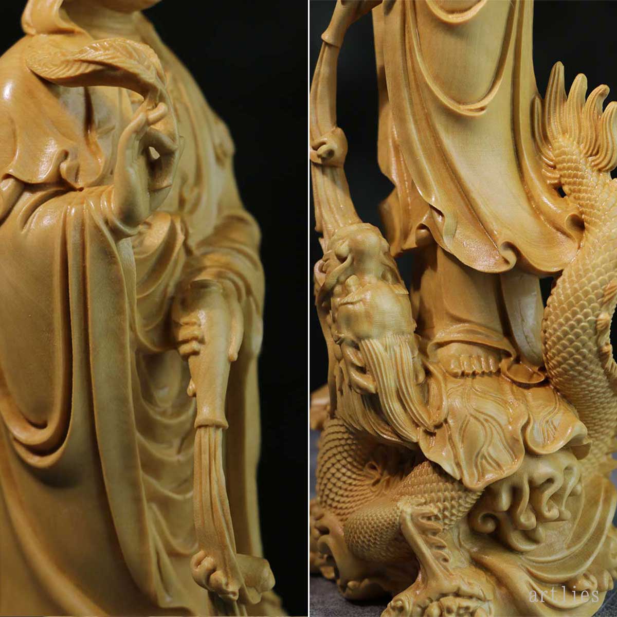龍頭観音 木彫り仏像 30cm｜観世音菩薩・観自在菩薩｜龍と共に慈悲を