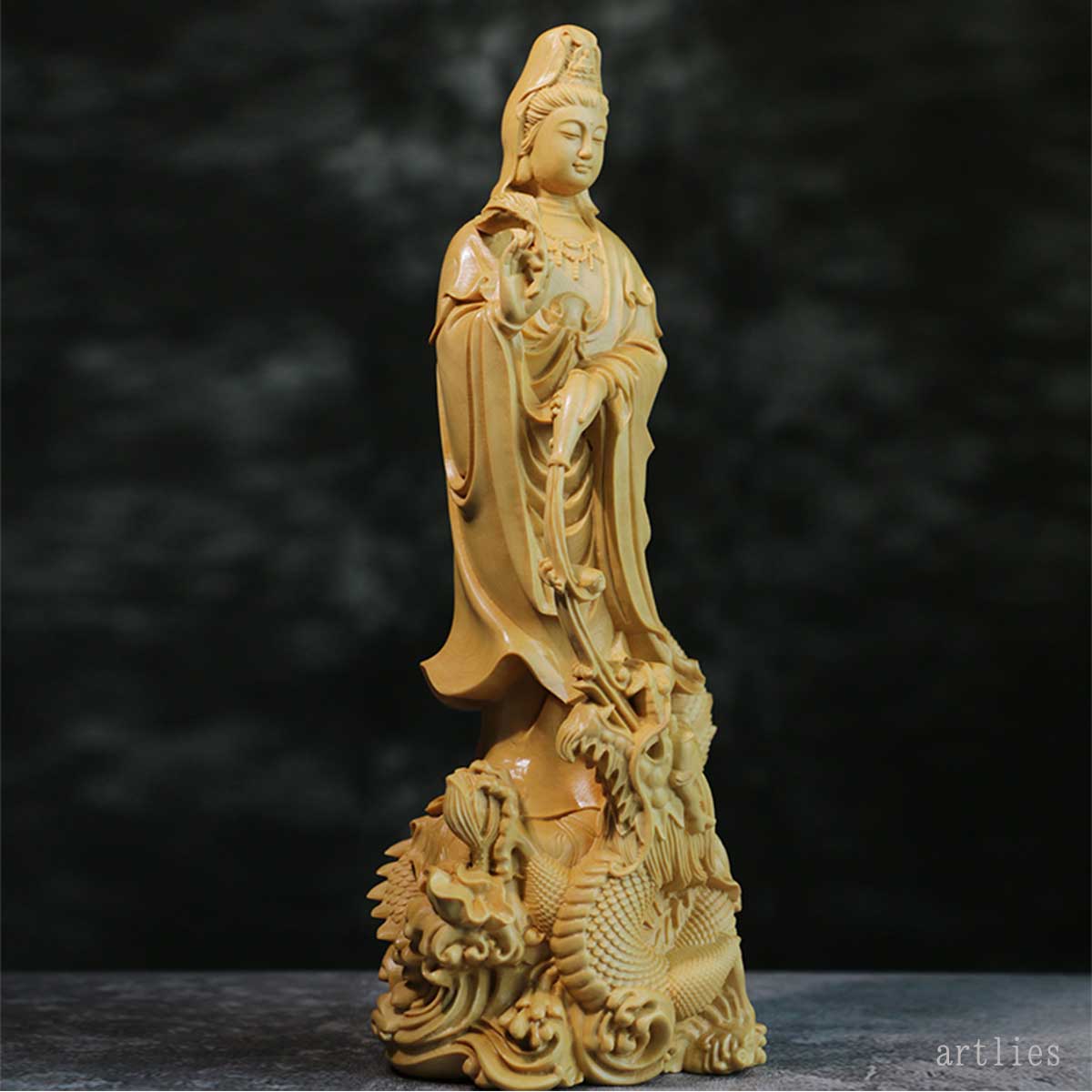 龍頭観音 木彫り仏像 17cm｜観世音菩薩・観自在菩薩｜龍と共に慈悲を