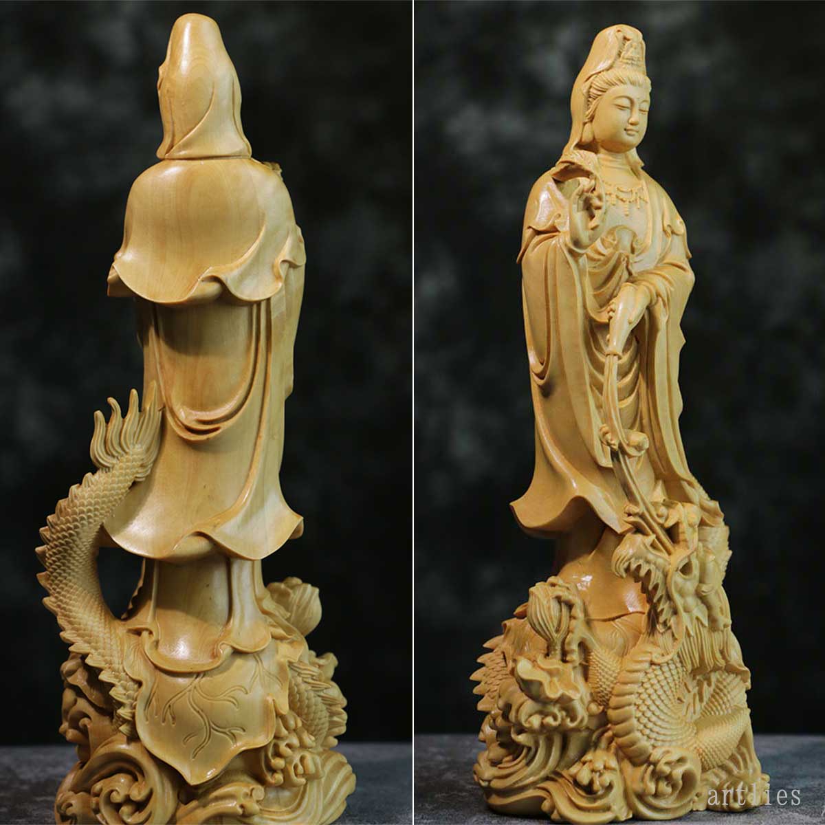 龍頭観音 木彫り仏像 17cm｜観世音菩薩・観自在菩薩｜龍と共に慈悲を