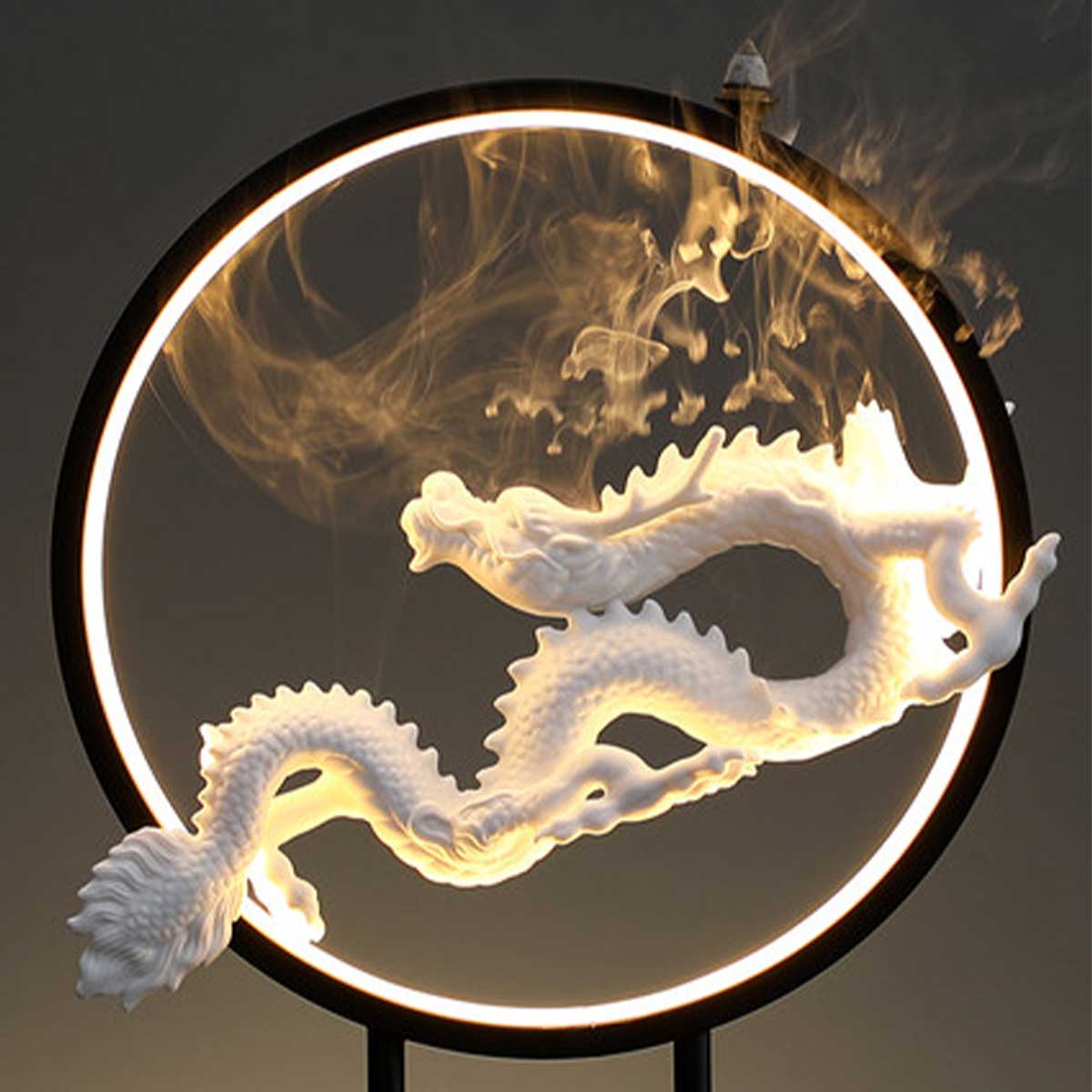 白龍 ライト付きお香立て｜幻想的なリングスタンド｜龍神の加護で開運