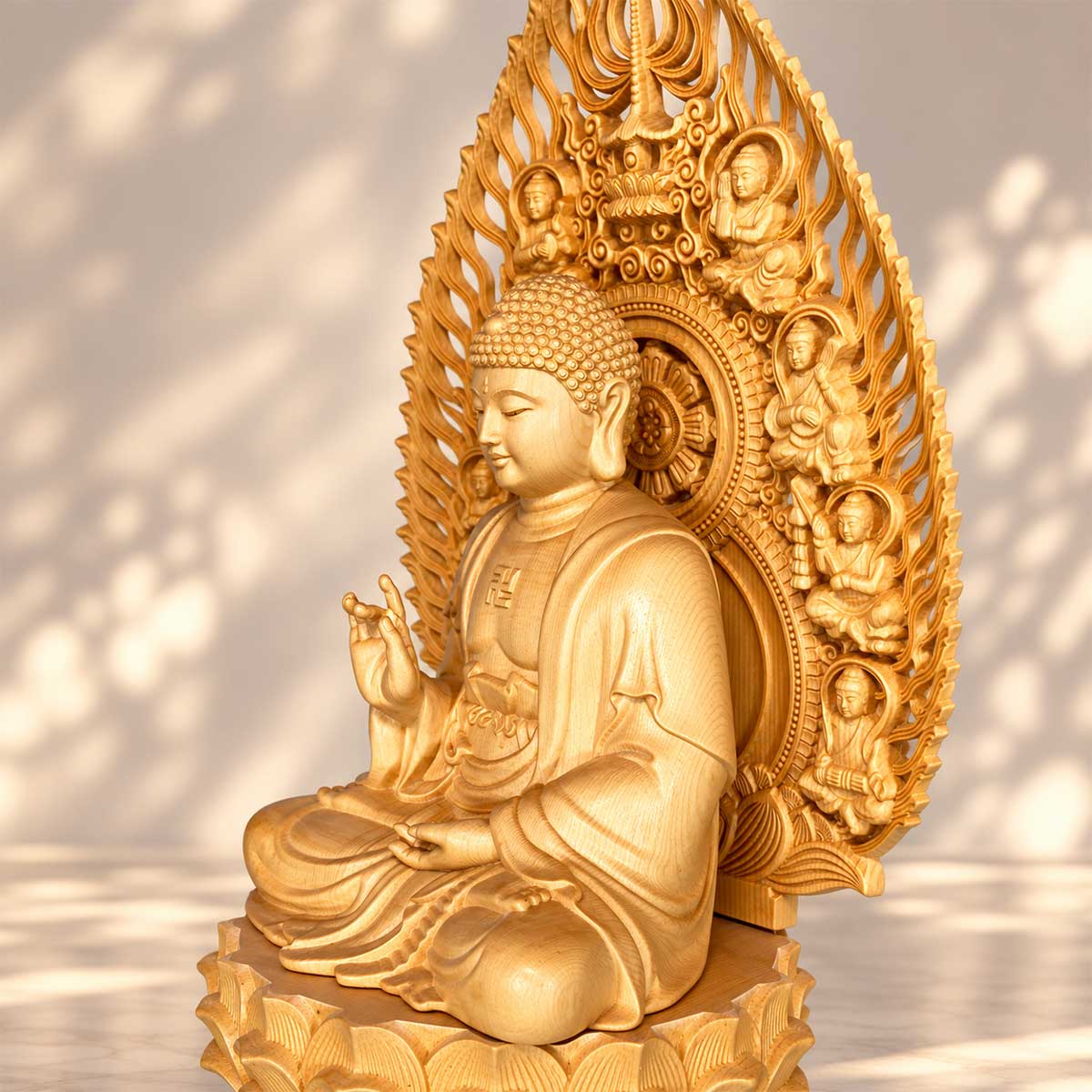 釈迦如来 仏像 木彫り 桧木製 高さ41cm 八大菩薩光背 蓮華台座付き