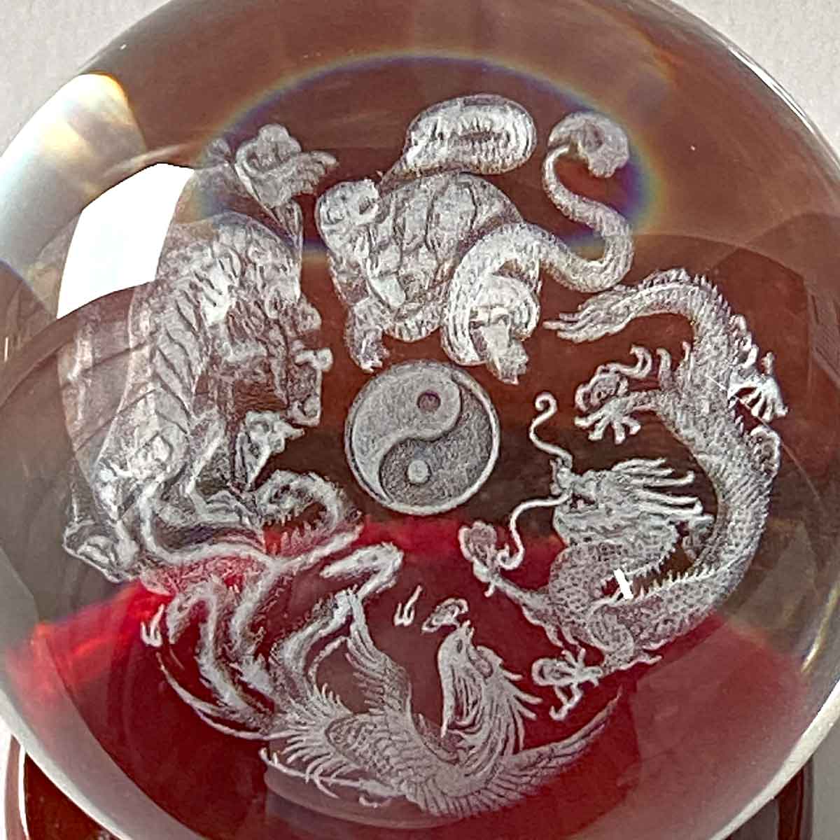 80mm 龍神・鳳凰・四神獣を刻んだクリスタル宝玉が運気を高める風水