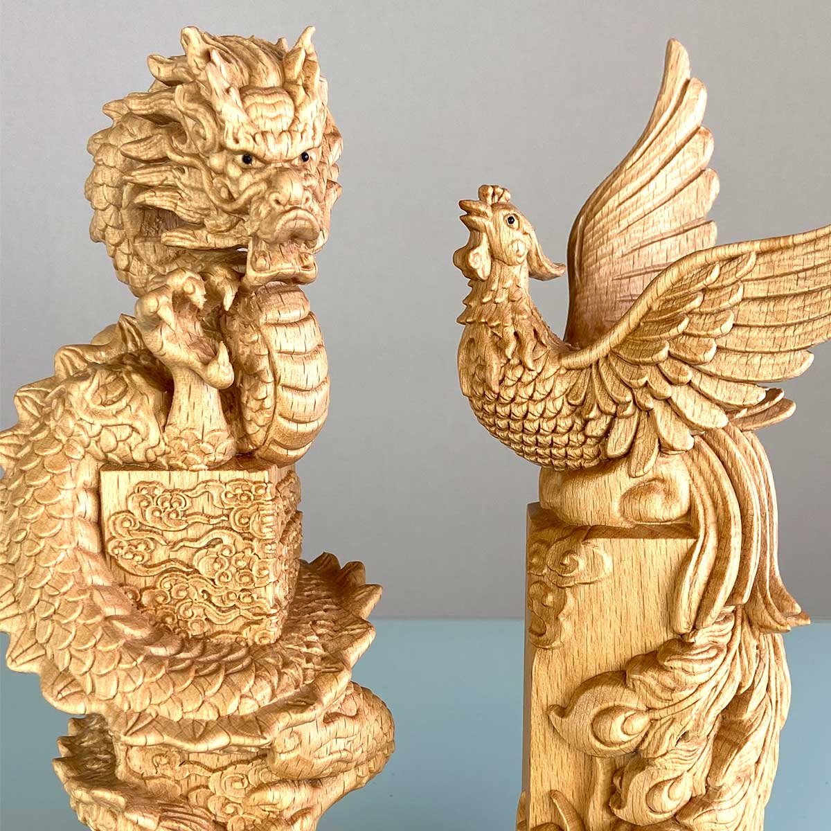 龍神と鳳凰 木彫り置物セット｜風水で運気アップ・繁栄と調和の象徴