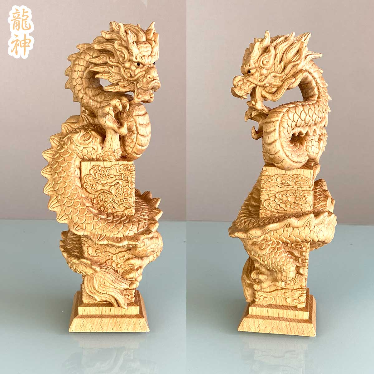 龍神と鳳凰 木彫り置物セット｜風水で運気アップ・繁栄と調和の