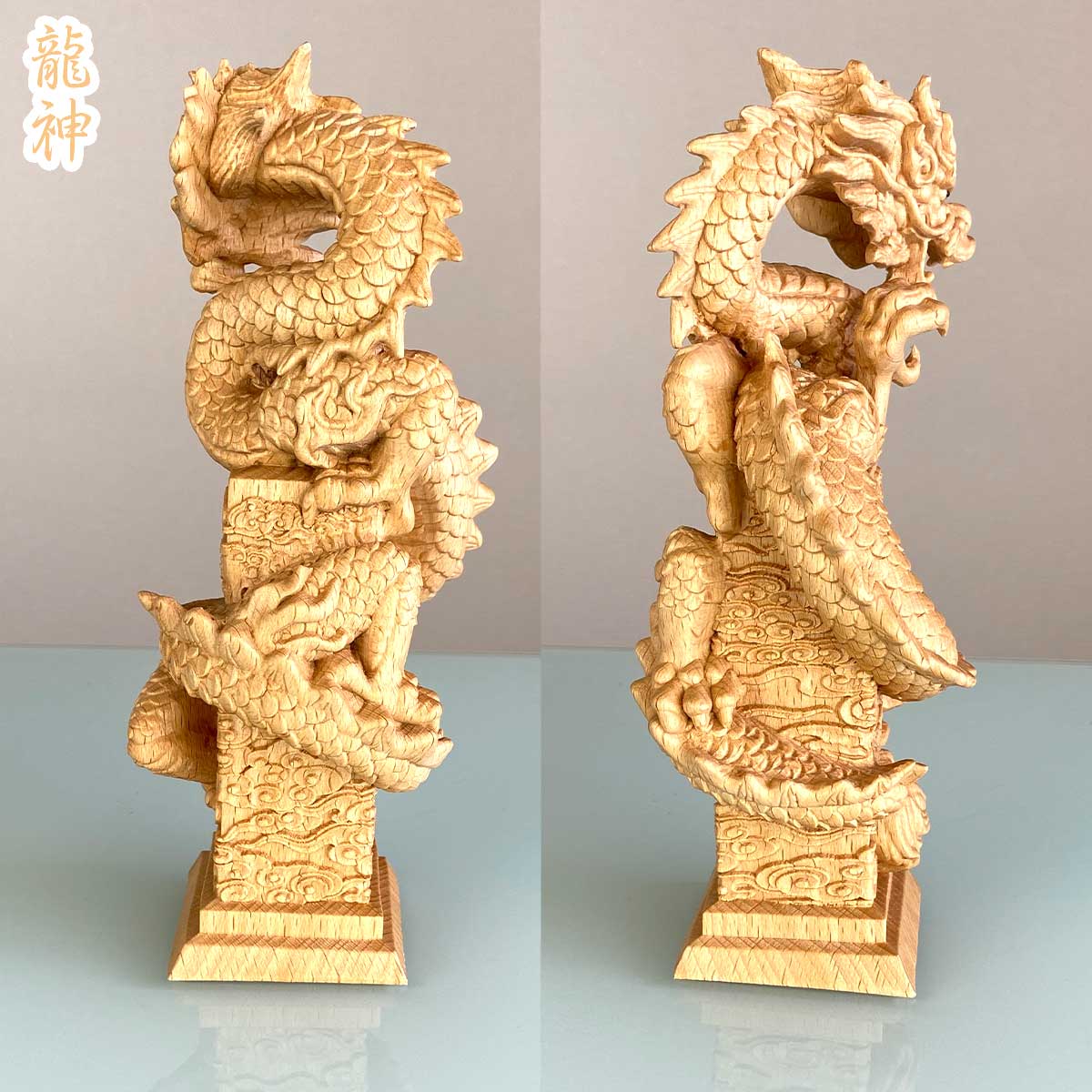 龍神と鳳凰 木彫り置物セット｜風水で運気アップ・繁栄と調和の