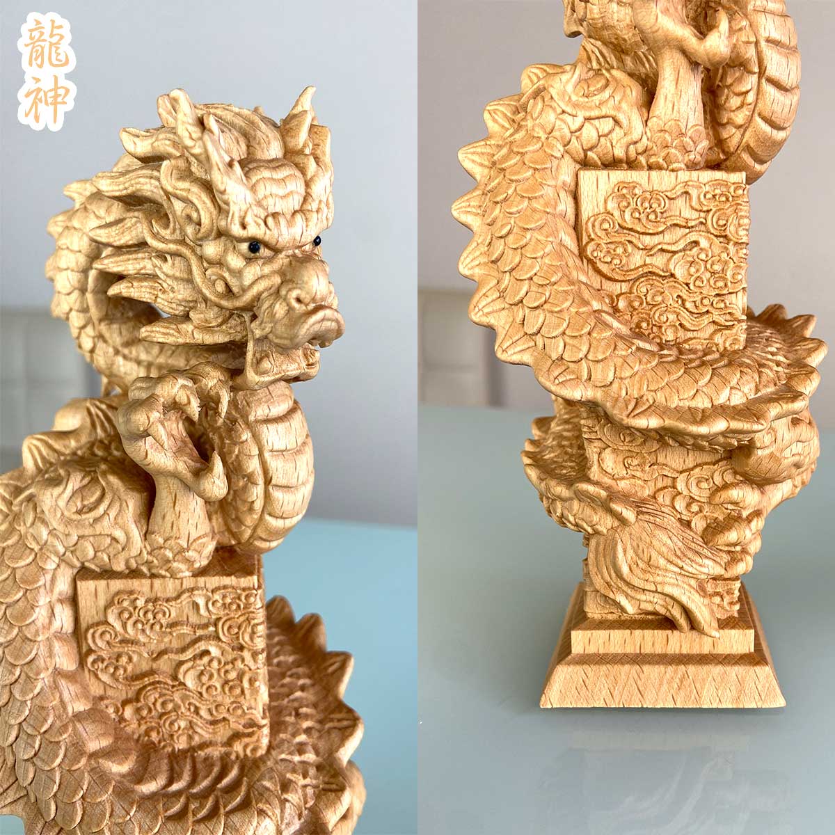 木彫り像　神像　龍像　置物 龍神と鳳凰 木彫り置物セット｜風水で運気アップ・繁栄と調和の