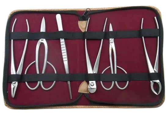 盆栽道具 兼進作 6点セット No.819,No.802,No.827,No.815,No.829,No.64B,道具ケース大 ステンレス製 No.175S