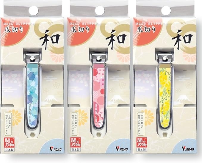 V.ROAD 和製爪切り Super V-CUT ピンク ブルー イエロー 日本製 爪の飛ばないキャッチャー付き 3個セット
