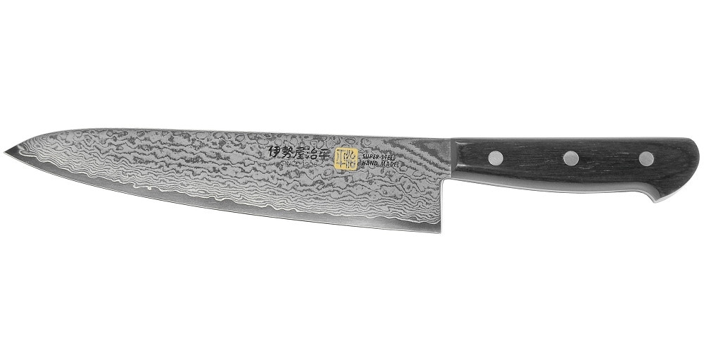 在庫処分特価　伊勢屋　牛刀　包丁　210mm V金10号　ダマスカス 伊勢屋治平 ダマスカス 牛刀包丁 210mm 黒パッカー G-4 | 三徳／牛刀