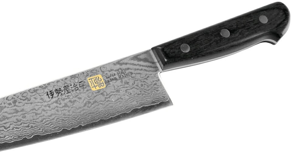 在庫処分特価　伊勢屋　牛刀　包丁　210mm V金10号　ダマスカス 伊勢屋治平 ダマスカス 牛刀包丁 210mm 黒パッカー G-4 | 三徳／牛刀