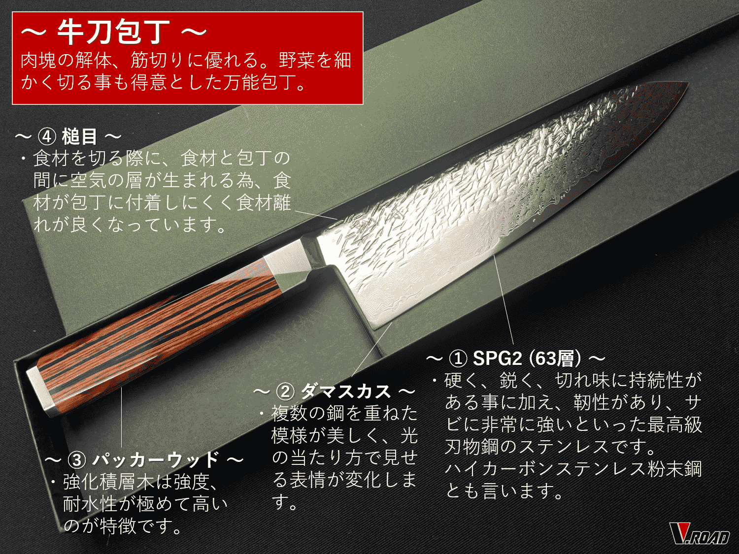 涼風 高級包丁 ダマスカス 牛刀包丁 210mm SUZ-210G V.ROADマイクロ