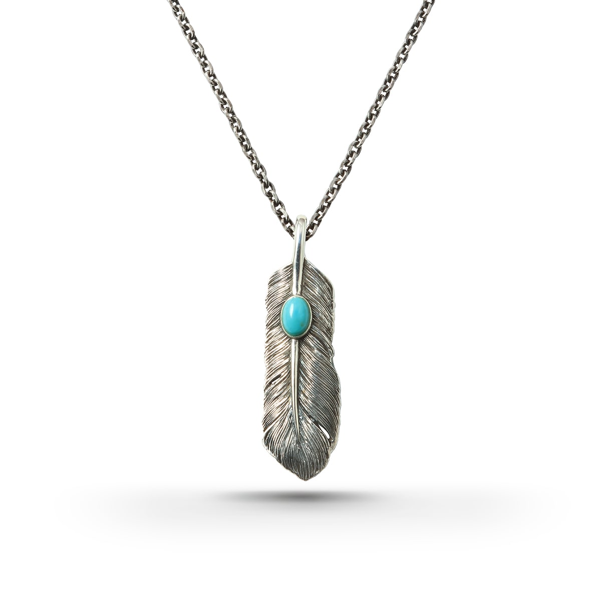 【STARTER NECKLACE対象アイテム】フェザー(左向き)天然石ターコイズ  シルバー925 オキシダイズコーティング（燻し） ストーンネックレス