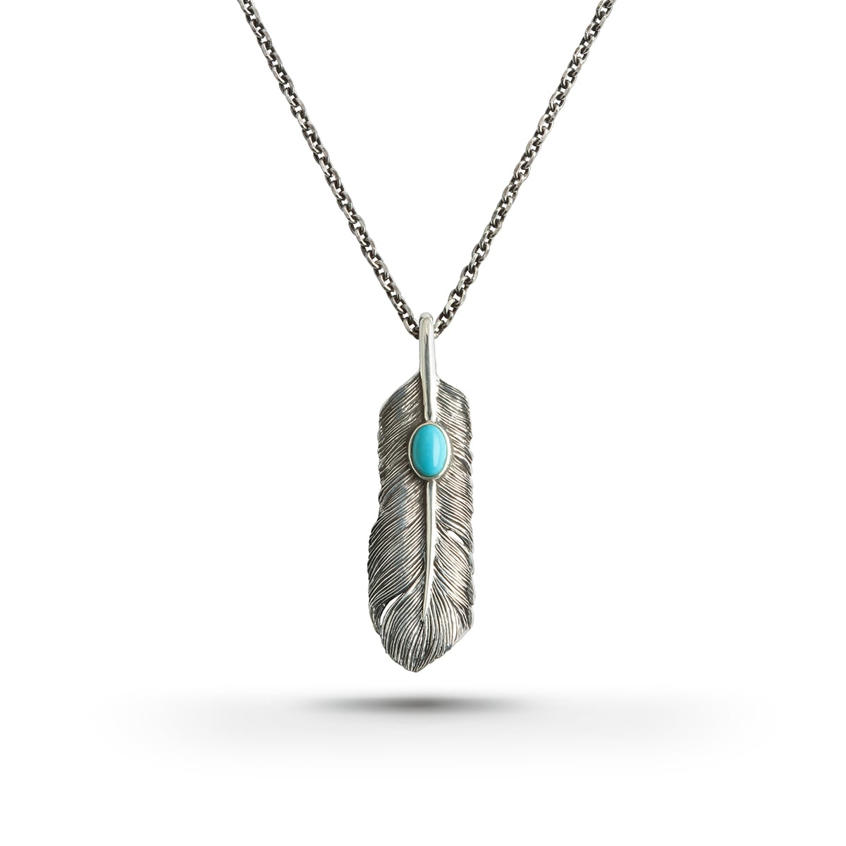 【STARTER NECKLACE対象アイテム】フェザー(右向き)天然石ターコイズ  シルバー925 オキシダイズコーティング（燻し） ストーンネックレス