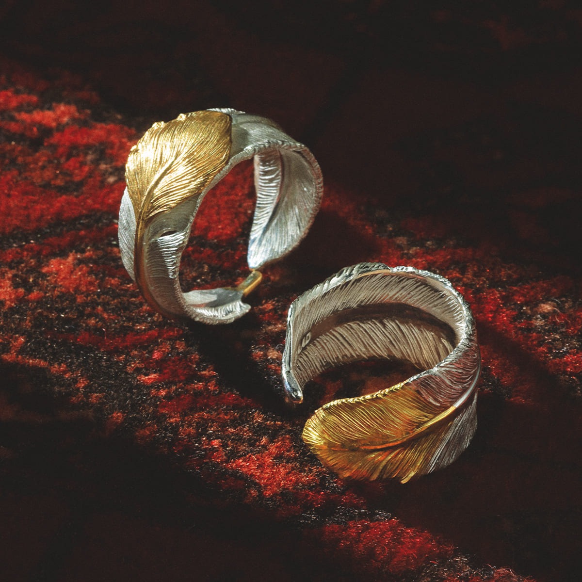 ハート付 フェザーモチーフ シルバー925リング  ナチュラルシルバー（無垢仕上げ）ブロンズ K24（24金）ゴールドプレートリング 指輪