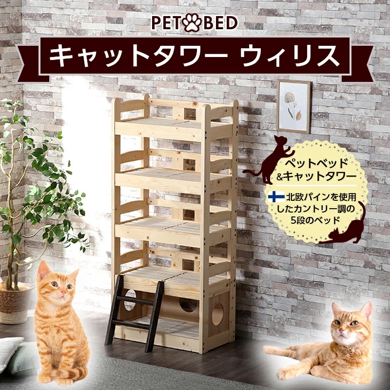 ペットベッド＆キャットタワー ウィリス ネコ家具 ペット家具 5段ベッド 天然木 無垢材 パイン