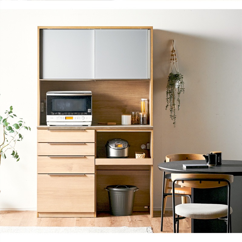 食器棚 完成品 幅120cm 国産 引き戸 キッチンボード ダイニングボード カップボード レンジボード オープンタイプ レンジ台 ゴミ箱収納 家電収納 スライドカウンター コンセント付き ティメラ
