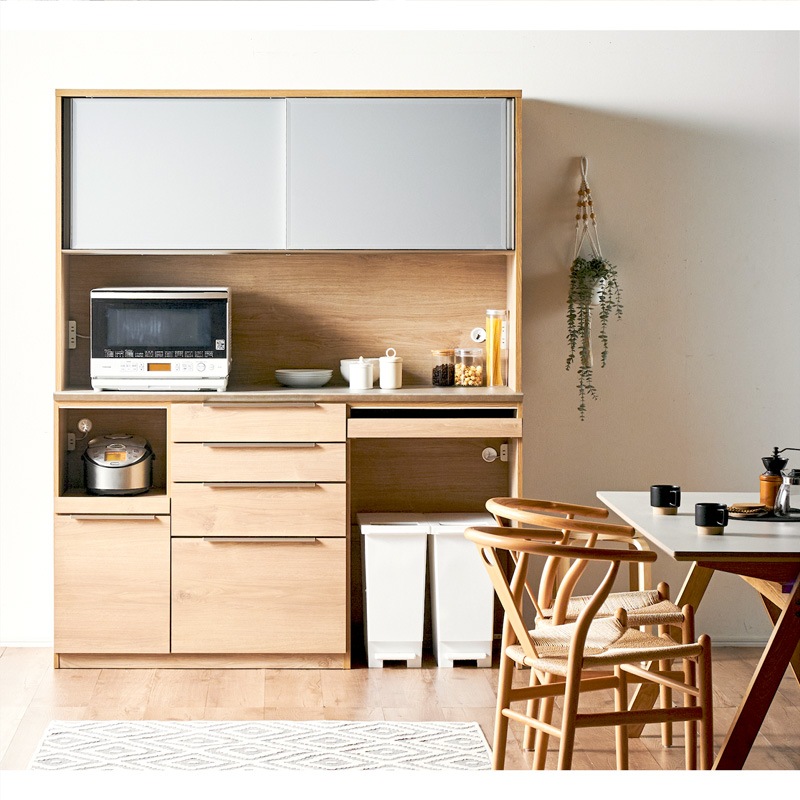 食器棚 完成品 幅160cm 国産 引き戸 キッチンボード ダイニングボード カップボード レンジボード オープンタイプ レンジ台 キッチン ゴミ箱収納 家電収納 スライドカウンター コンセント付き おしゃれ 木目調 ティメラ