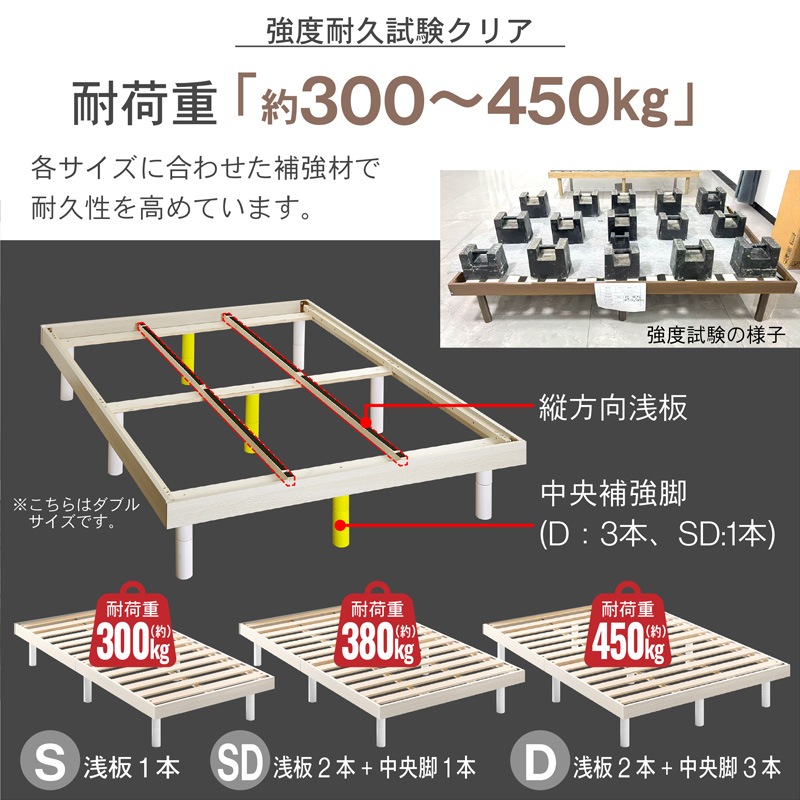 すのこベッド セミダブル 3段階高さ調節 木製 SD ベッドフレーム 北欧 ナチュラル 高耐荷重 宮なし 組み立て 簡単 ブラウン グレー ホワイト クライン
