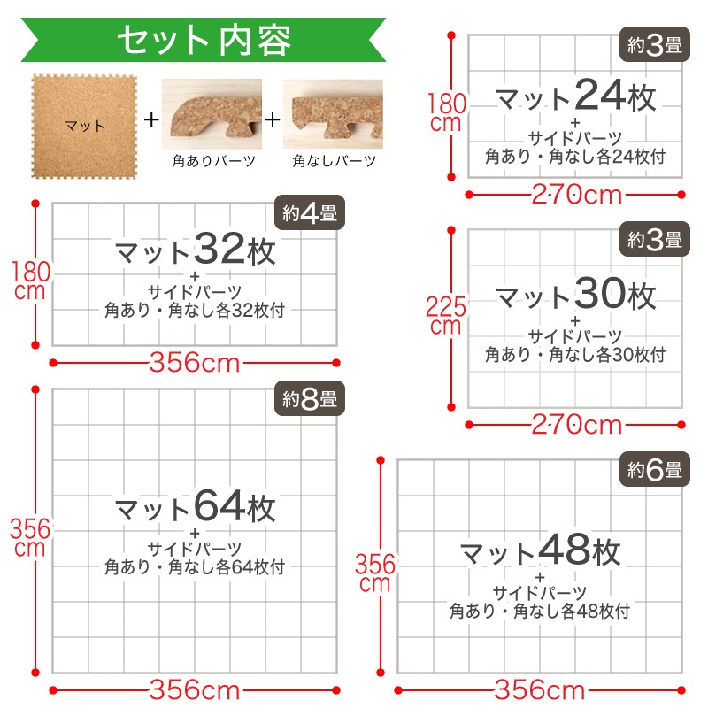 ジョイントマットコルク 0.8cm厚 2cm厚 3畳 から 8畳 用