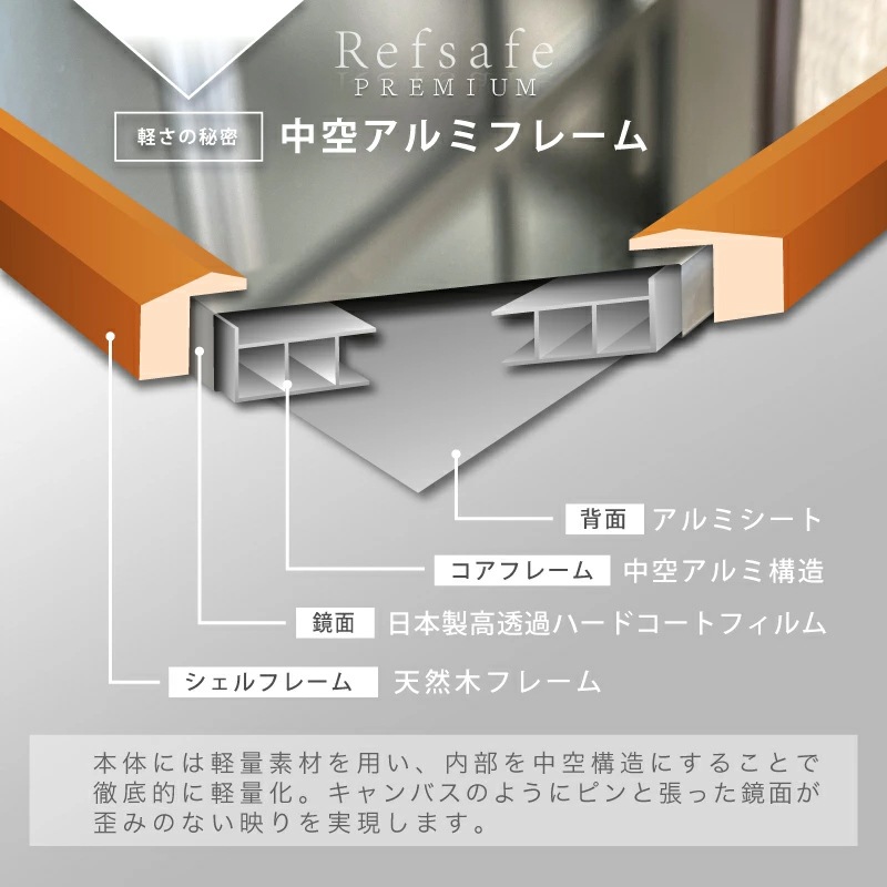 地震対策 超軽量 割れないミラー 木枠 スタンドミラー 自立スタンド 割れない鏡 ミラー アルミ 鏡 縦 150cm 160cm 幅 30cm 50cm
