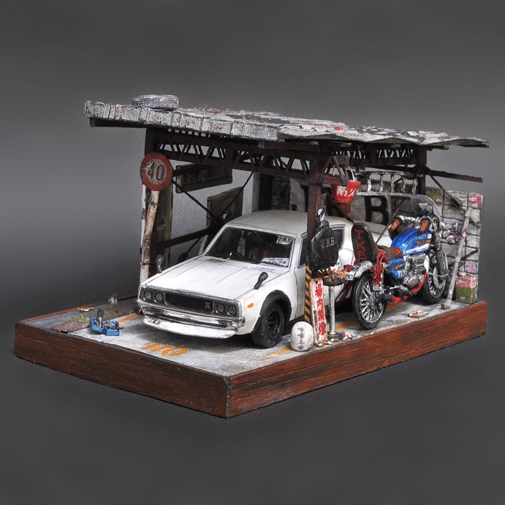 昭和レトロジオラマ トラック 乗用車 フィギュア コレクション完成品 ケース付 昭和レトロ ジオラマ模型 ビンテージ風ガレージとトラック 大人