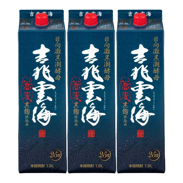 【送料無料】吉兆雲海 黒麹仕込み パック 25度 1800ml×3本 そば焼酎 雲海酒造