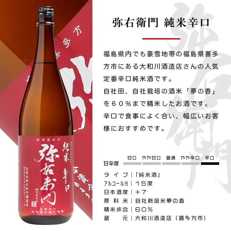 大和川 弥右衛門 純米辛口 まとめ買い 1800ml×6本 日本酒 大和川酒造店 福島 地酒