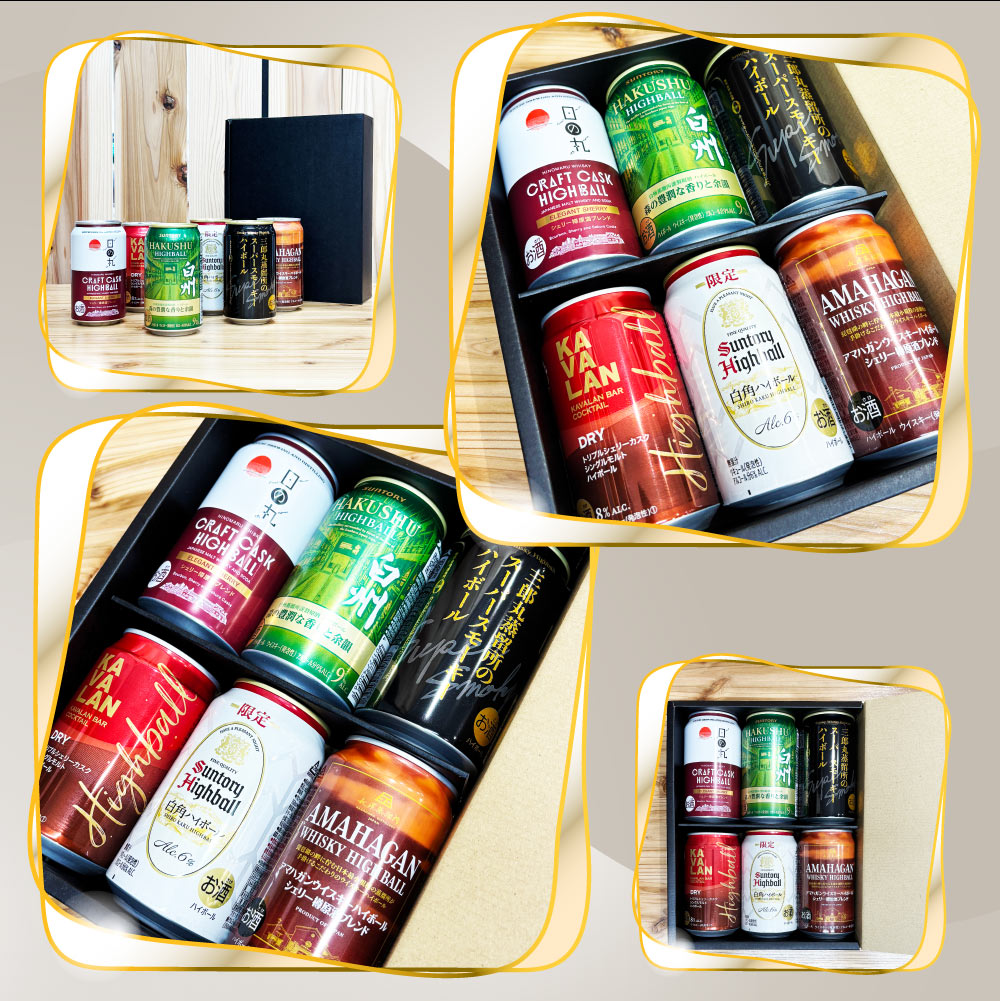 【送料込】【お中元】白州ハイボール缶入り　ハイボール缶6本ギフト　ギフト6大特典【選べる熨斗・黒箱】プレミアムハイボール白州 白角 カバランバーカクテル トリプルシェリーカスク 日の丸ウイスキー エレガントシェリー 三郎丸スーパースモーキー アマハガンシェリー樽 計6本ギフト