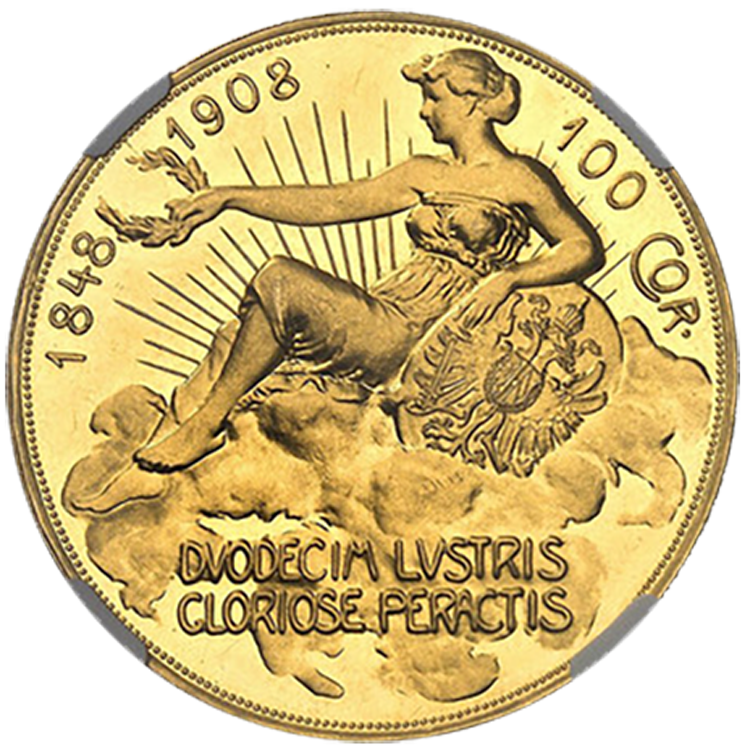 PR61 Cameo】 オーストリア 雲上の女神 1908年 100コロナ金貨 フランツ