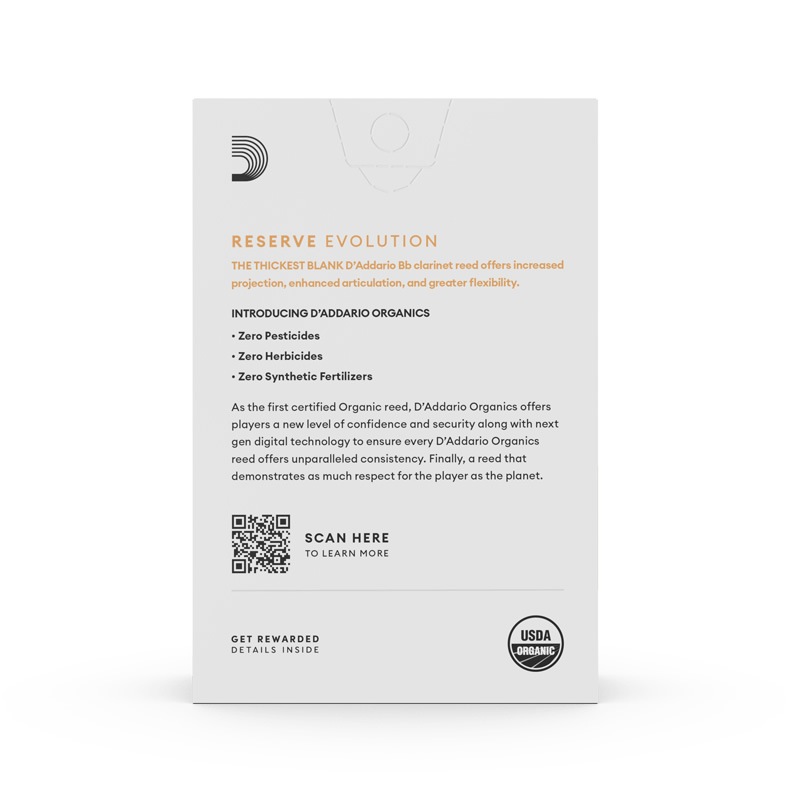 D'Addario WoodWinds ダダリオ リード B♭クラリネット用 RESERVE EVOLUTION USDAオーガニック認証取得済 ODCE10 10枚入り 【ODCE1025/ODCE1030/ODCE1035/ODCE10355/ODCE1040/ODCE1045/ODCE1050】【ゆうパケット対応】