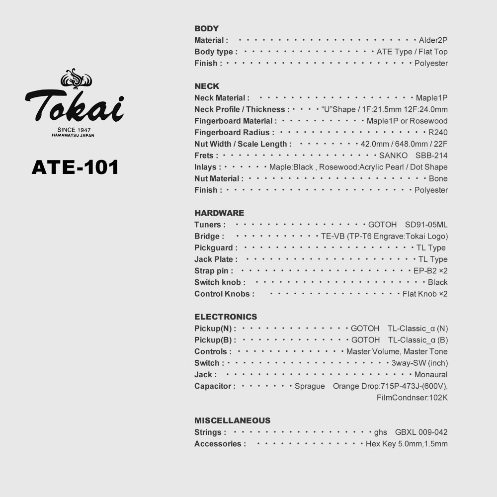 Tokai 日本製 エレキギター ATE-101 / SOB / M マストアイテムセット 【 東海楽器製造 トーカイ MADE IN JAPAN 国産 ATE101 Sonic Blue メイプル指板 】【PWCT17/PWS100/GS01B/STRAPRUBBER】【大型荷物】