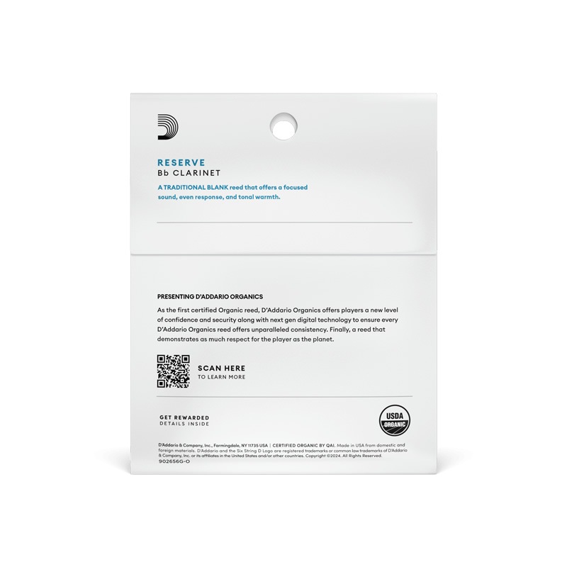 D'Addario WoodWinds ダダリオ リード B♭クラリネット用 USDAオーガニック認証取得済 RESERVE ODCR03 3枚入り【ODCR0320 / ODCR0325 / ODCR0330 / ODCR0335】【ゆうパケット対応】