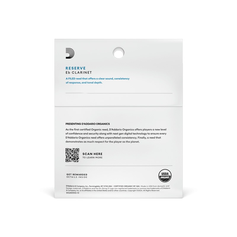 D'Addario WoodWinds ダダリオ リード E♭クラリネット用 USDAオーガニック認証取得済 RESERVE ODBR03 3枚入り【ODBR0325 / ODBR0330 / ODBR0335】【ゆうパケット対応】