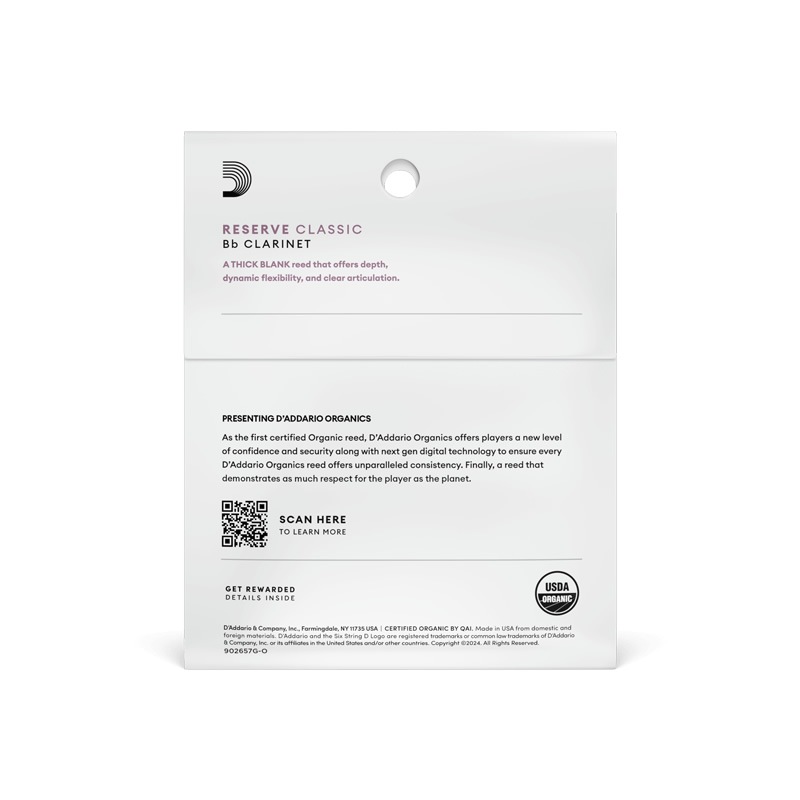 D'Addario WoodWinds ダダリオ リード B♭クラリネット用 USDAオーガニック認証取得済 RESERVE ODCT03 3枚入り【ODCT0320 / ODCT0325 / ODCT0330 / ODCT0335】【ゆうパケット対応】